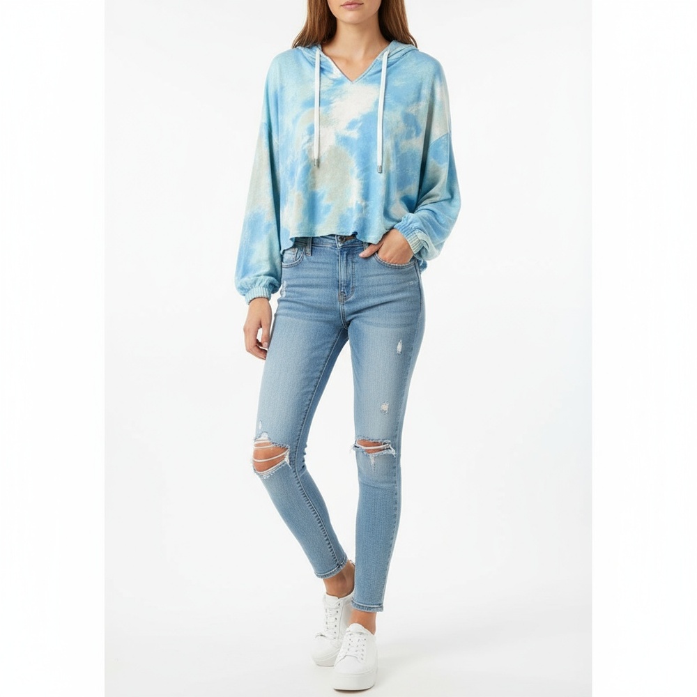 Frayed Jeans Hoodie Size Large Blue Tie Dye Cropped Long Sleeve Cotton Blend New